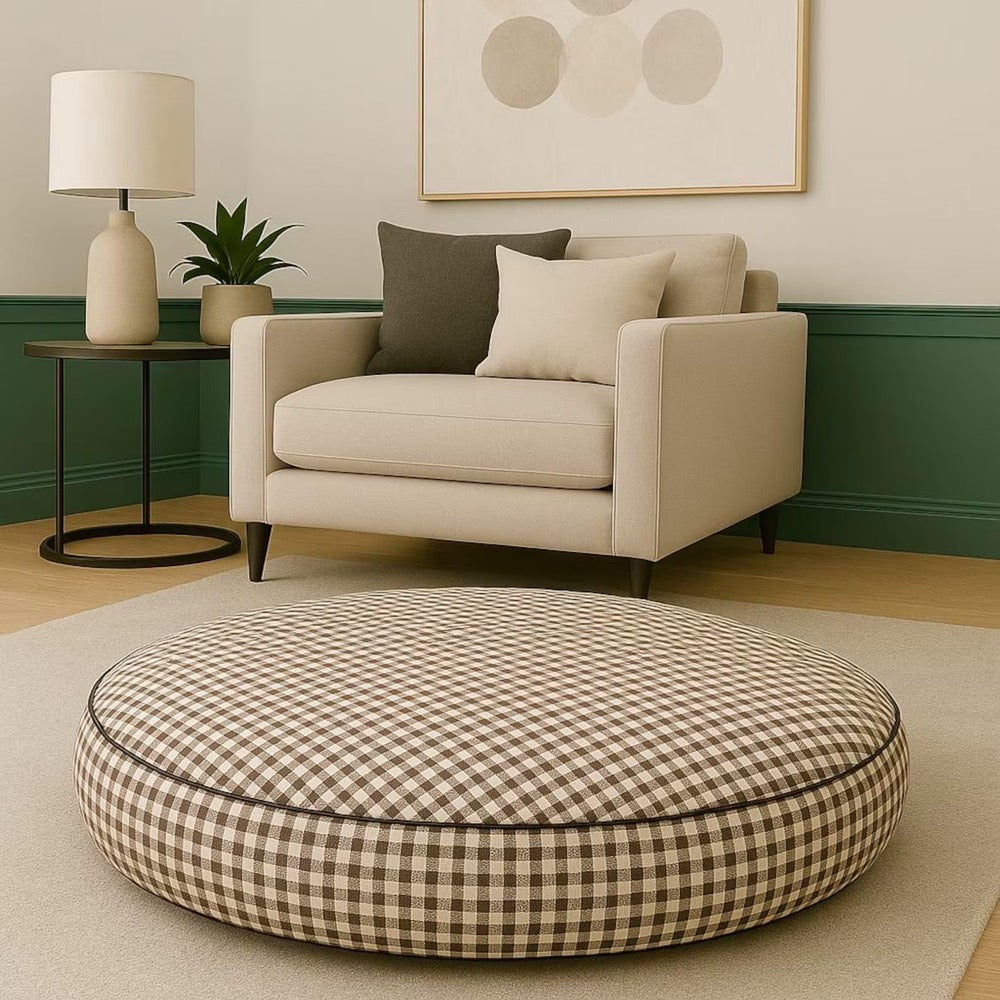 Chestnut Brown Fall Round Gingham Pet Mattress, Washable dog bed with removable cover. Personalized