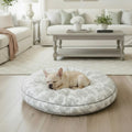 Grey Toile Dog Bed – Handmade Round Pet Bed in French Country Style, Washable Cover