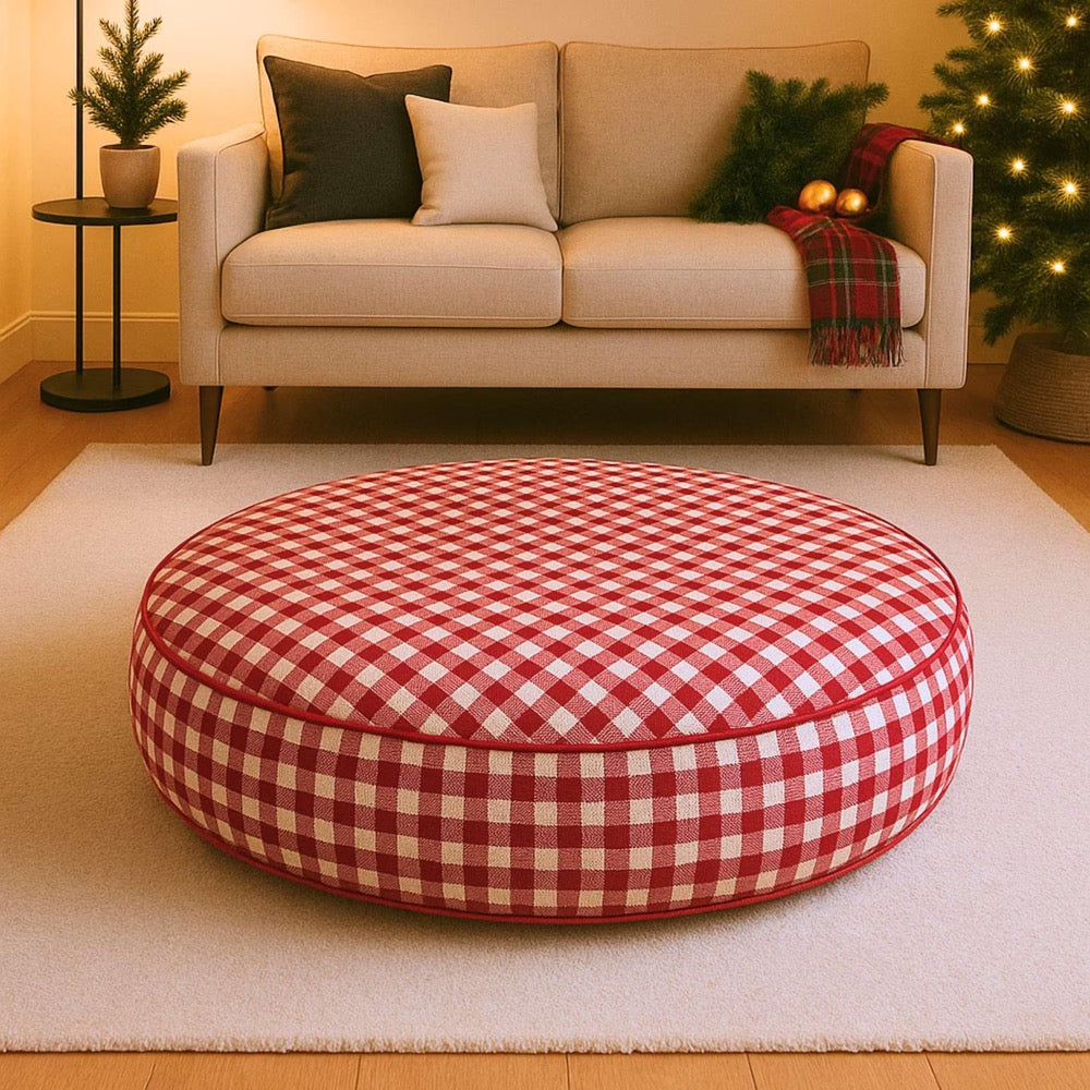 Personalized Christmas Round Gingham Pet Bed, Washable dog bed with removable cover