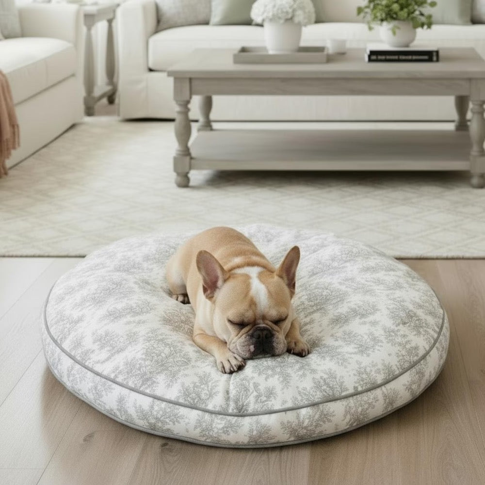 Grey Toile Dog Bed – Handmade Round Pet Bed in French Country Style, Washable Cover