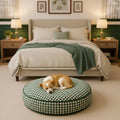 Green Vintage Print Gingham Dog Bed – Handmade Round Pet Bed, Washable Upholstery Fabric, Festive