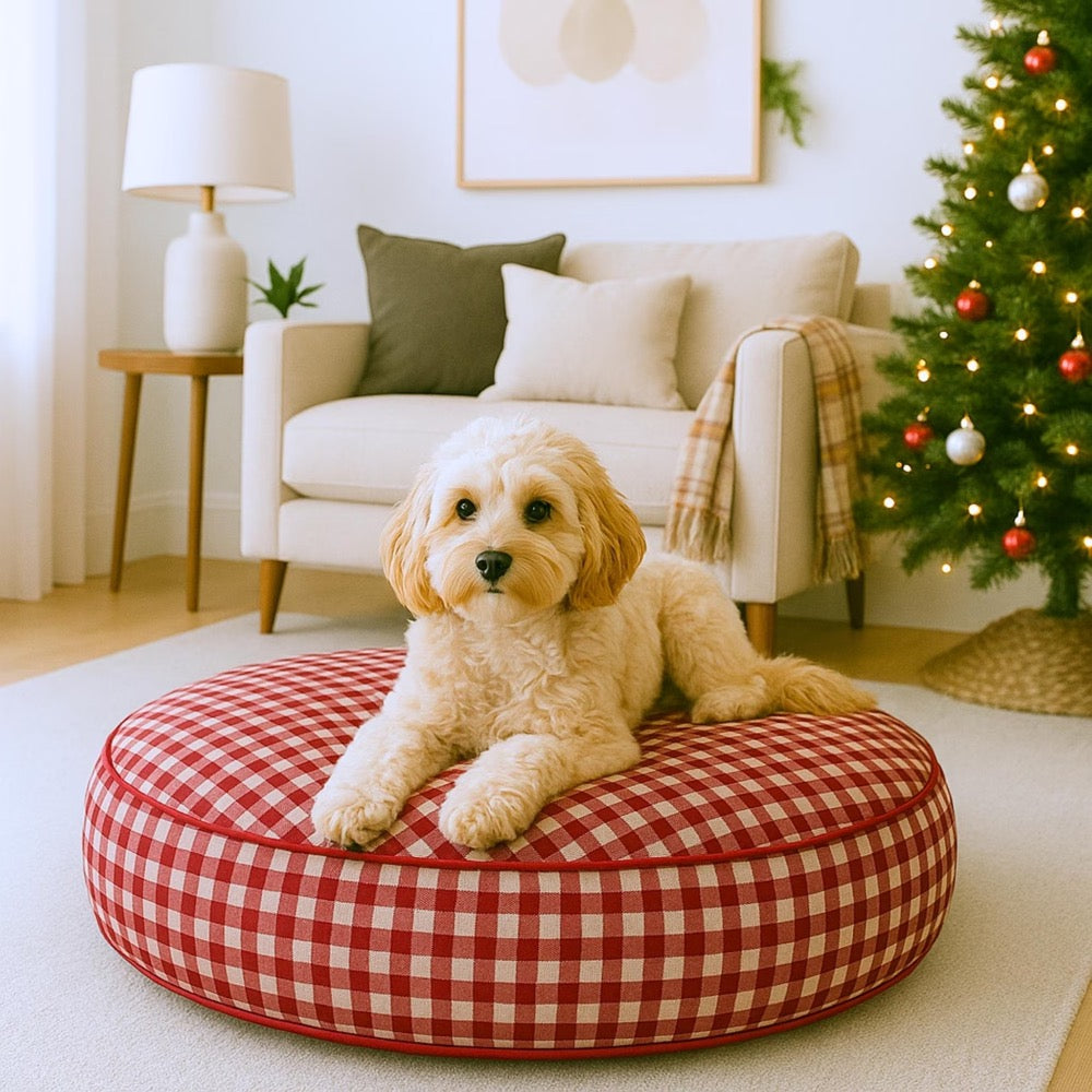 Personalized Christmas Round Gingham Pet Bed, Washable dog bed with removable cover