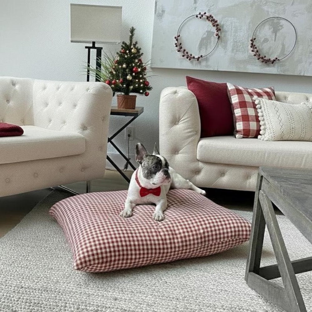 Red Holiday Gingham Dog Bed Duvet, Washable Check Dog Bedding With Name - Premium upholstery grade