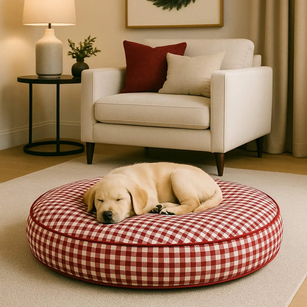 Chestnut Brown Fall Round Gingham Pet Mattress, Washable dog bed with removable cover. Personalized
